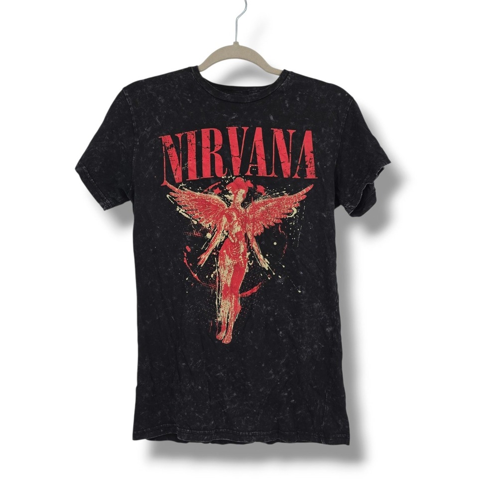 Nirvana In Utero Angel Graphic T-Shirt Black Acid Wash Small Cotton Rock Tee